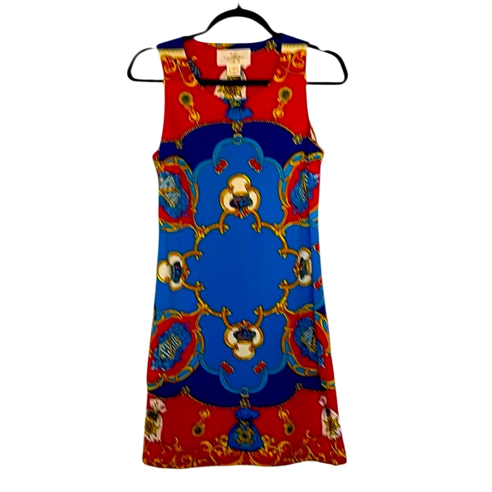 Julie Brown equestrian-style print dress, colors red/blue/gold accents , size S